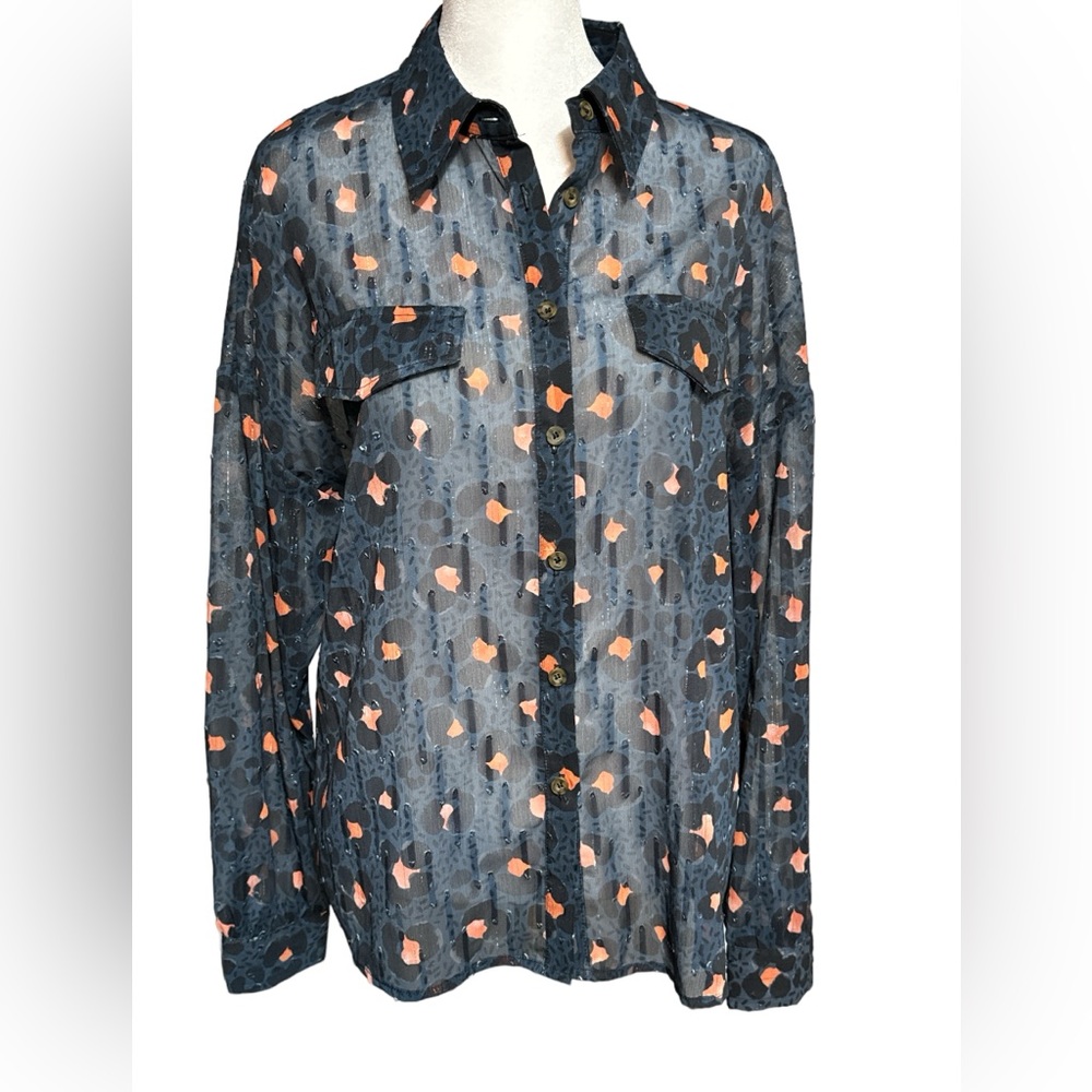 The Korner, Sheer Blouse, Long Sleeves, Floral, Navy Black & Pink, Sz Small/ Med
